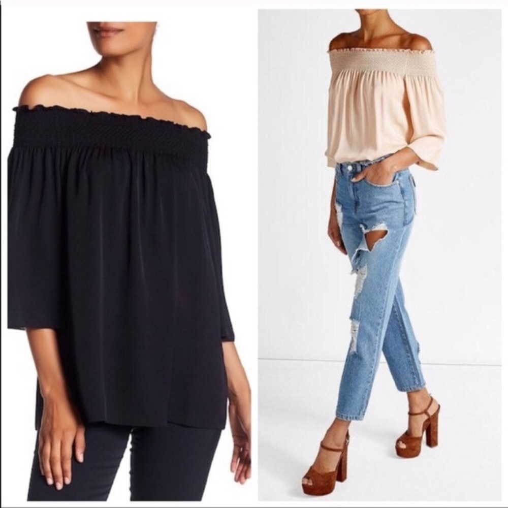 Theory 100% Silk Black Off The Shoulder Short Sleeve Flowy Boho Top GUC Sz M